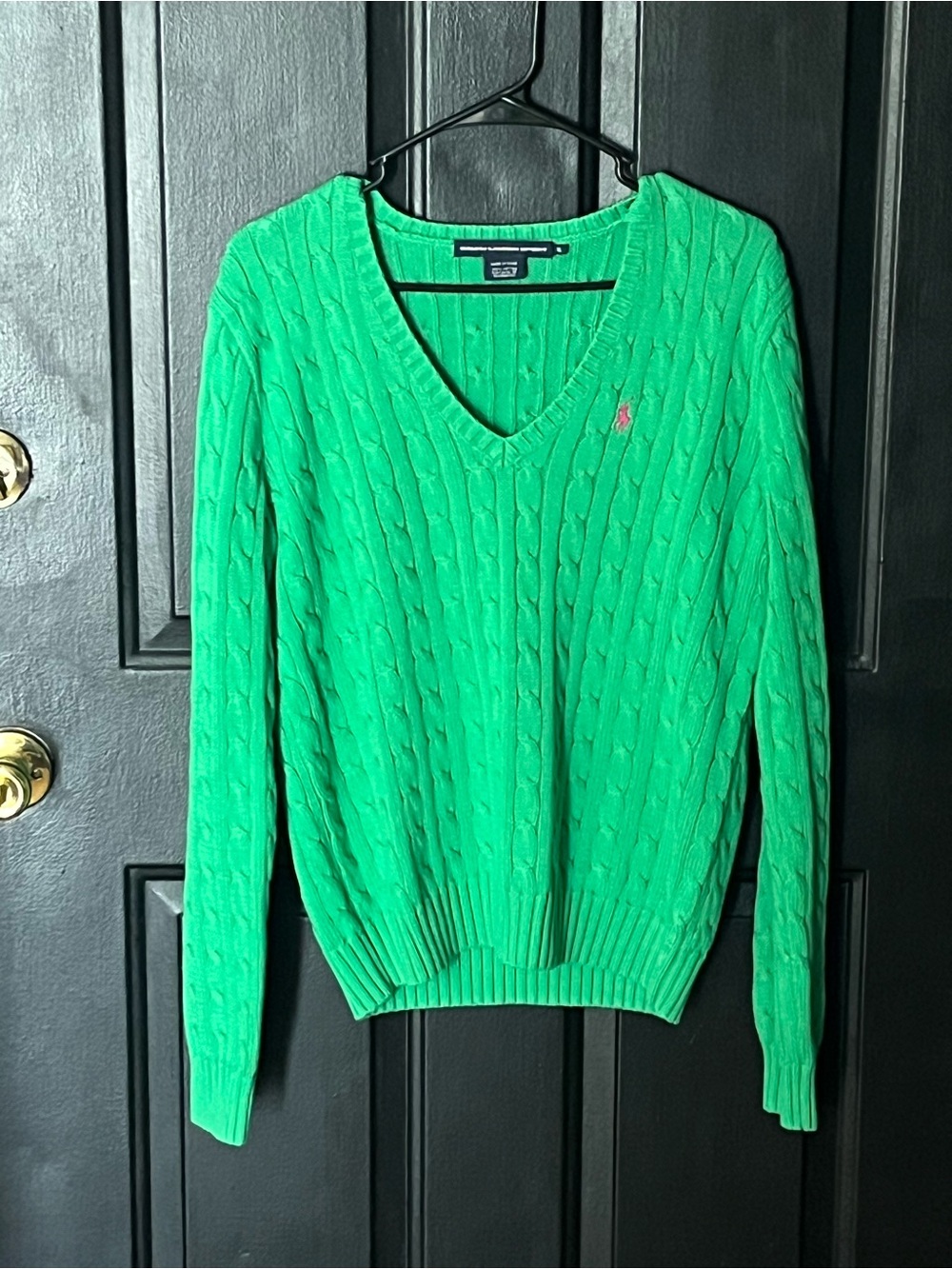 Ralph Lauren Bright Green Cable-Knit V-Neck Sweater